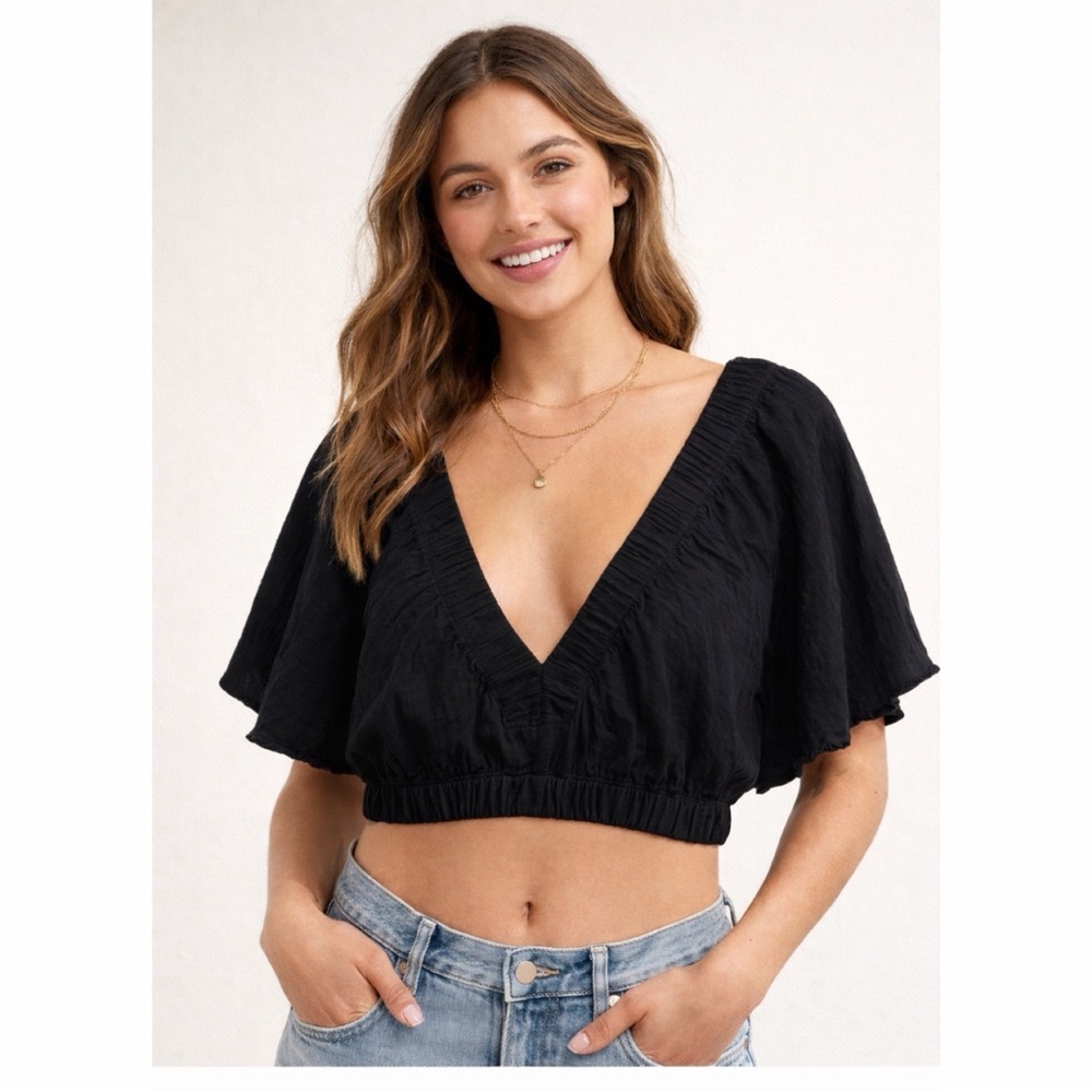 aerie Black V-Neck Flutter Sleeve Crop Top